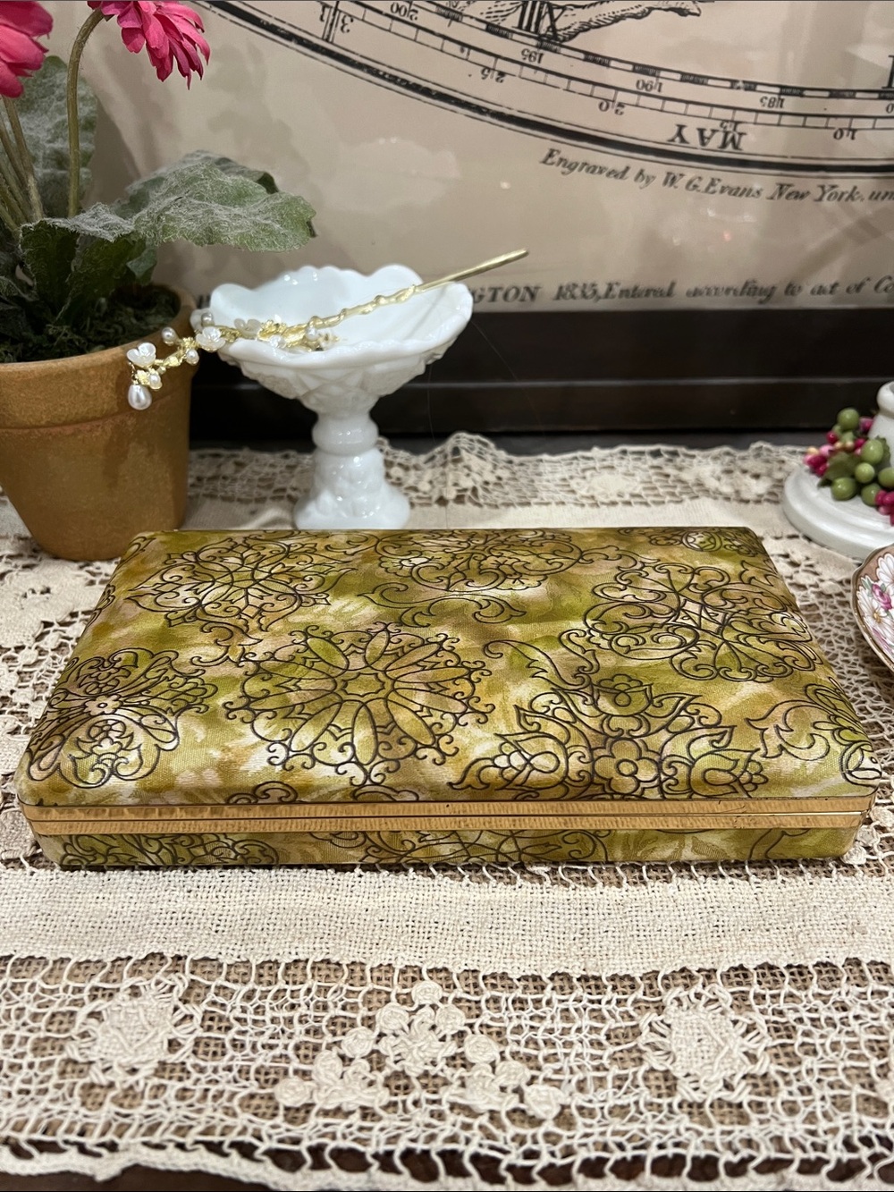 Vintage Decorative Olive Green Jewelry Box Organizer with Gold Accents